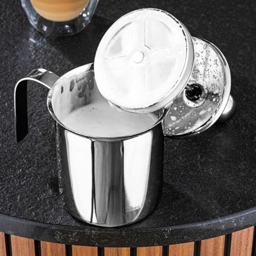 Haushalt International Milchaufschäumer, 500 ml, Silber, Edelstahlgriff mit Deckel und schwarzem Kunststoffeinsatz