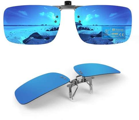 TEMSO Clip On Sunglasses Over Prescription Glasses For Mens Womens,Flip Up Polarized Fit Over Myopia Glasses On Holiday Beach,Outdoor,Filter UVA UVB,HD Vision|True Color|Blue Mirror|60 * 41mm