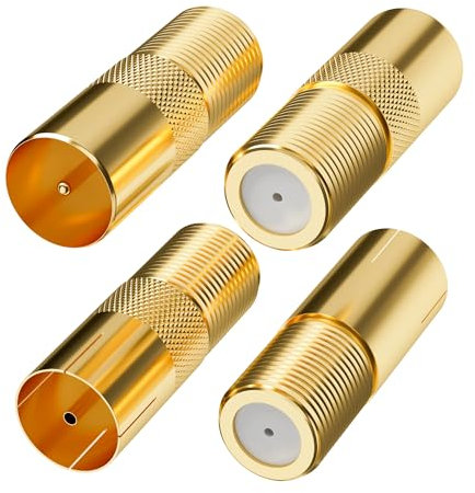 Mygatti Set di 4 Adattatori per Cavo Antenna, Placcato Oro - 2 Paia Presa F Connettore a Spinotto IEC Maschio/Femmina - Adattatore per Cavo Coassiale TV