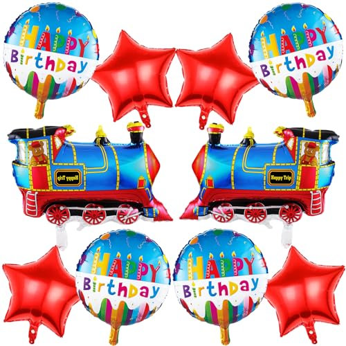 KOBOKO Zug Ballon Geburtstag, 10 Stück Luftballon Zug Geburtstagsdeko Jungen, Zug Deko Geburtstag Junge Stern Folienballon, Happy Birthday Runde Helium Ballons, Dampf Zug Luftballons Geburtstag Kinder