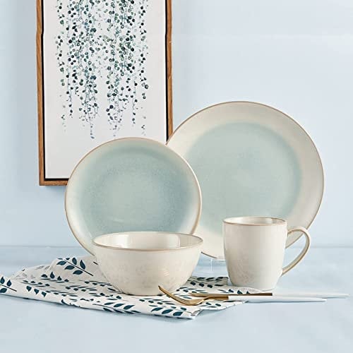 KXQYIKYI 16-Piece Stoneware Dinnerware Set, Dish Set, Tableware Combination Set, Elegant White/Blue Serveware Set Service for 4, Including Dinner Plate, Desert Plate, Cereals Bowl, Mugs
