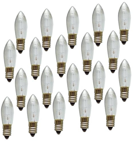 Erzgebirgslicht - AUSWAHL - 20x Topkerze Spitzkerze 12V 3W E10 für 20 Brennstellen Ersatzbirne Glühbirne Riffelkerze Glühlämpchen für Lichterketten und Schwibbogen (keine LED!)