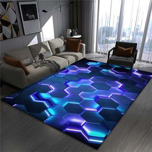 Alfombra moderna de visión 3D con patrones geométricos de neón para dormitorio de niños, azul, 140 x 200 cm