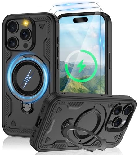 Jshru 3 in 1 Magnetic for iPhone 15 Pro Case,Compatible with MagSafe | Built-in Stand | 2 Pack HD Screen Protector,Military-Grade Shockproof Protective Cover for iPhone 15 Pro,Black