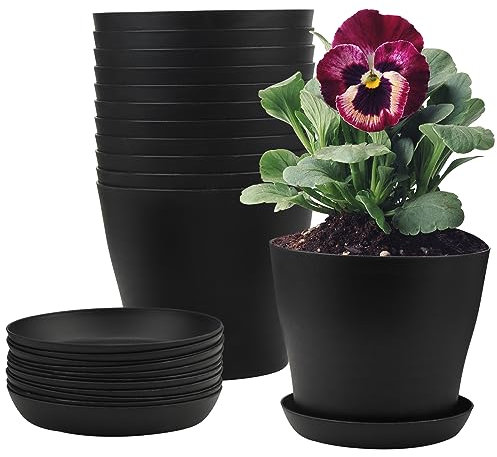 JIEHIN 12 Stück Blumentöpfe mit Untersetzer Schwarz, 17 cm Blumentopf Kunststoff Klein, Pflanztöpfe Plastik Pflanzgefäße für Draussen und Drinnen