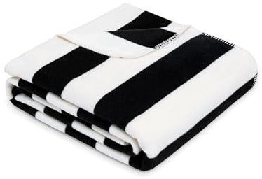 Ibena Decke 150x200 cm - Baumwollmix, Made in Germany, warm & waschbar, Kuscheldecke schwarz weiß gestreift