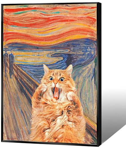 DVBOCS Toile murale amusante avec motif chat qui crie – Impression sur toile vintage adorable – Impressions sur toile de peintures à thème galerie orange – 40,6 x 61 cm – encadrée