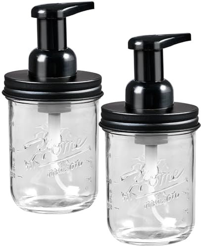 SheeChung Mason Jar Foaming Soap Dispenser, Hand Foam Soap Dispensers- Rustproof Stainless Steel Lid & Pump, Glass Foaming Soap Dispenser for Bathroom Kitchen Sink Countertops, Black (2 Pack)