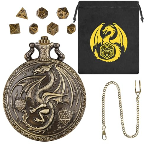 Mini DND Würfel Set, mit Steampunk Geflügelter Drachen Taschenuhr Schale Hülle, 7-teilige Polyedrische Metall D&D Würfel, DND Geschenktüte mit Drachen Logo, MTG, Rollenspiel Brettspiel-Zubehör, Bronze