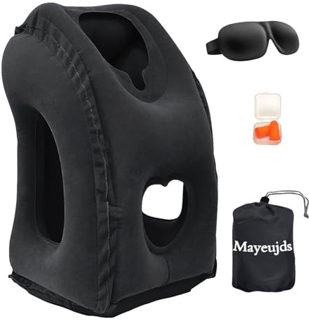 Aufblasbares Reisekissen mit Halsstütze & Augenbinde | Ergonomisches Nackenkissen für Flugzeug, Auto, Camping | 20-Sekunden-Aufblasventil, Wasserdichtes PVC, Tragetasche + Ohrstöpsel (schwarz)