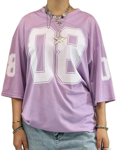 Damen Y2K Jersey T-Shirt Oversized Nummer Grafik V-Ausschnitt Kurzarm Sommer Casual Lose Tee Tops Streetwear, violett, S