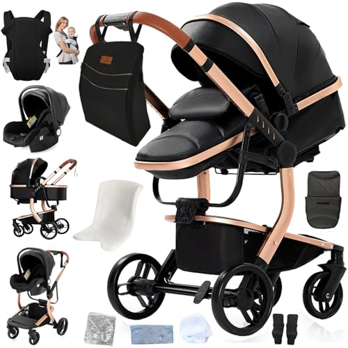 Magic ZC PU-Leder Kinderwagen 3 in 1, Buggy mit Umkehrbarem Zwei-Wege-Schub, Kombikinderwagen Faltbarem Tragbarem One-Click-Design, Kinderwagen 3 in 1 Komplettset mit Zubehör (L518 Black)