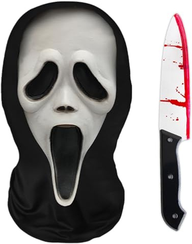 LETSHOLD 3D-Druck Screm Maske Halloween Erwachsene, Horror Ghost Face Vollgesichtsmaske mit Fake Messer, Scary Movie Mask Set für Halloween Karneval Cosplay Party (C)