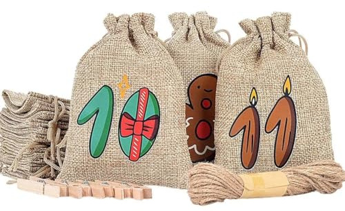 Flaroey Christmas Advents Bags Cute Christmas Candy Bags PartyFavor 24x Reusable Burlap Holiday Christmas Candy Holder Supplies