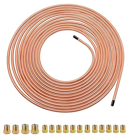 Tuyau de Frein en Cuivre 3/16 25ft/7,62m Ø4,75mm,16 Raccords Inclus | Kit de Conduite Générale de Frein Replacement,Auto Tube Tuyau de Carburant et Frein pour Automobile,Conduite de Rechang
