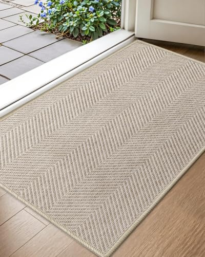COLOR&GEOMETRY Ultra Thin Indoor Door Mat 60 x 90 cm, Machine Washable Front Door Mat Non Slip, Low Profile Entrance Mat Indoor, Absorbent Carpet for Inside, Entry, Entryway, Oatmeal (FOLD)