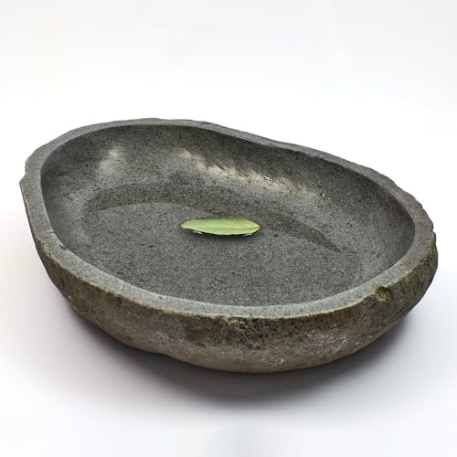 Bamboona Naturstein Schale, Handgefertigt, Verschiedene Größen, Vielseitig einsetzbar z.B. als Vogeltränke, Obstschale, Miniteich, Seifenschale (S - flach Ø 18-20cm x 8cm)