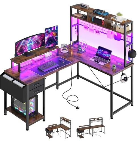 YITAHOME L Shaped 150cm Gaming Desk with Drawers Shelves LED Power Vintage | Reversible home office corner computer desk, 3 sockets, 2 USB, 7-color RGB LED, monitor stand, side pocket. Wood, metal