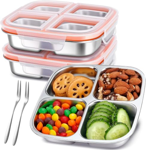 agctrler 2 Stück Snackbox mit 4 Fächern Edelstahl 600ml, Auslaufsichere Lunchbox für Kinder & Erwachsene, Spülmaschinengeeignete Meal Prep Brotdose mit Deckel für Schule, Büro und Camping