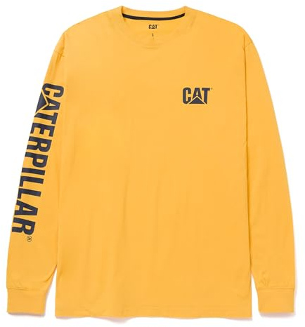 CAT Caterpillar Trademark Banner Long Sleeve Tee Shirts for Men with Center Back Neck Wire Management Loop Workwear Logo, Yellow, Large