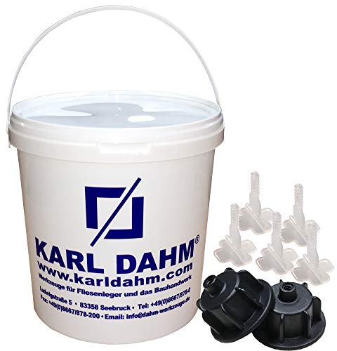 Karl Dahm Fliesen Nivelliersystem Levelmac Starter-Set für 2 mm Fugen: 30 schwarze Zughauben für 3-12 mm Fliesenstärke + 100 Basislaschen + Eimer I Professionelle Fliesen Verlegehilfe – 12504
