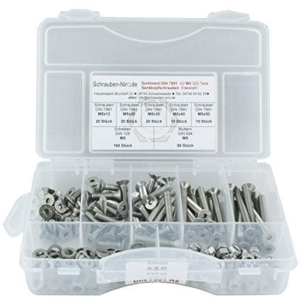 Sortiment DIN 7991 / ISO 10642 Edelstahl A2 Durchmesser M5, 320 Teile ; Senkkopfschrauben/Innensechskantschrauben, Material VA V2A