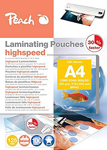 Peach Laminierfolien A4 - 125 mic - 100 pouches - glänzend HighSpeed - einsetzbar in A3 Laminiergeräten aller Markenhersteller - PP525-22