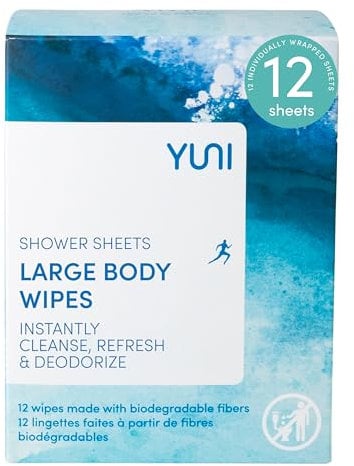 YUNI Beauty Large Body Wipes, Peppermint Citrus, 12 Count, Compostable, Biodegradable, No Rinse Body Cleanser, On-the-Go Shower Alternative