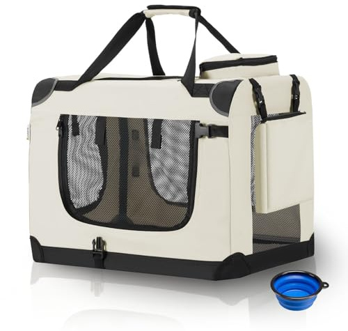 Juskys Caisse de Transport Pliable pour Chiens Lassie S (Beige) - 34 x 50 x 36 cm - Sac de Transport avec Couverture, Poche & Poignées - en Tissu