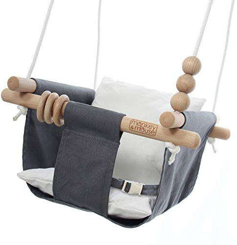 Monkey & Mouse Baby Swing, Grey White Indoor Outdoor Portable Hanging Chair - Infant & Toddler Kids 6 Months - 4 Years, Cotton Canvas & Beech Wood Frame, Sensory Hammock Boy & Girl Seat w/Wooden Toys