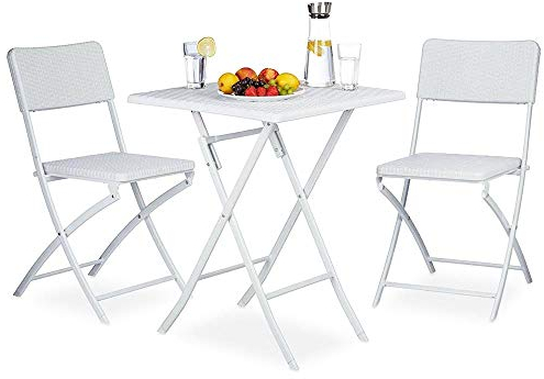 BAKAJI Set aus Tisch + 2 Klappstühlen, Gartenmöbel, aus Polyrattan, weiß, Rattan, Metall, Standard
