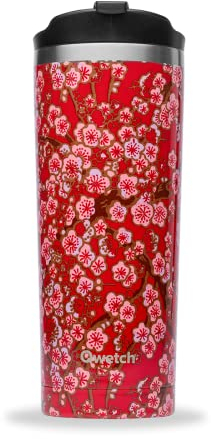 QWETCH - Travel Mug Isotherme - Flowers Rouge 470ml - Thermos Café & Thé en Inox - 6h Chaud et 12h Froid - Sans BPA, Étanche, Mug de voyage