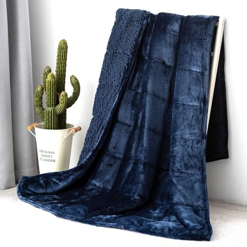 Topblan Gewichtsdecke für Erwachsene 6,8 kg, 120 x 180 cm, Sherpa-Fleece Gewichtsdecke in einheitlicher Farbe mit kuscheligem Fleece und flauschigem Sherpa für besseren Schlaf, Marineblau