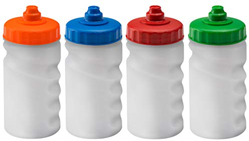 Foxberry 300ml Children's Small Refillable Water Bottles - 4 Pack - Hands Free Lid - Leakproof Spout - BPA Free - Blank For DIY Branding and Decoration - Dishwasher Safe - (Orange Blue Red Green)