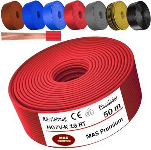 MAS Premium Câble conducteur H07 V-K 16 mm² de 5 à 100 m - Noir, marron, bleu foncé, jaune vert, gris, bleu clair ou rouge - Fil unique flexible (rouge, 50 m)