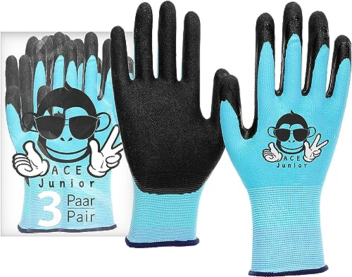 ACE Junior Arbeits-Handschuh für Kinder - 3 Paar Schutz-Handschuhe für die Garten-Arbeit - Blau - 7-8 Jahre (3er Pack)