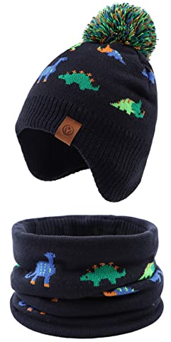XIAOHAWANG Baby Strickmütze Winter Babymütze Junge Warme Kindermütze Junge Beanie Mütze Dicke Wintermütze für Herbst,Winter (Bunte Dinosaurier(Hut+Schal), 9-24Monate)