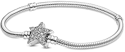 Pandora Armband Timeless Sternverschluss Silber, Zirkonia 599639C01 Pandora Moments Asymmetrischer Stern-Verschluss Schlangen-Gliederarmband in Sterling-Silber, Gr. 16, 599639C01-16