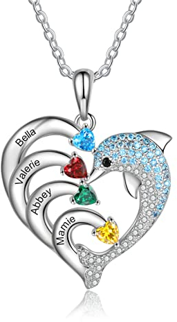ALBERTBAND Personalisierte Herz Delphin Halskette mit 2-8 Namen Eingravier Geburtsstein Anhänger für Frauen Familienversprechen Halskette zum Valentinstag Schmuck Geschenk (4 names)