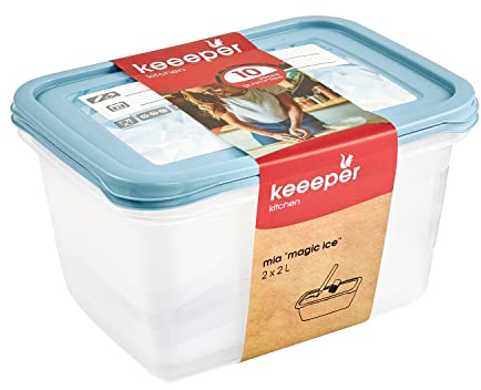 keeeper Set de 2 recipientes para congelación, Tapa con etiqueta reutilizable, 2 x 2 L, 20,5 x 15,5 x 10,5 cm, Mia Magic Ice, Azul Nordic