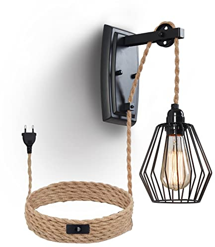 ENCOFT Wandlampe mit Schalter und Stecker E27 Schwarz Wandleuchte Innen mit Rollen Wandleuchte mit Kabel 4M Wandbeleuchtung Wohnzimmer Schlafzimmer(Ohne Leuchtmittel)