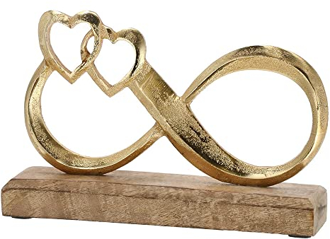 Murago - Unendlichkeitszeichen als Deko Figur - Dekoration Skulptur Metall Holzsockel Tischdeko goldfarbig Holz mit Herzen Herzdeko Hochzeitsgeschenk Herzform Valentinstag verbundene Geschenkidee