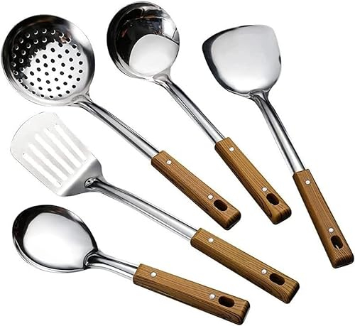 SKUZA Juego de Utensilios de Cocina, cucharas de Sopa con Mango, espátula de Cocina, Cuchara de arroz de Acero Inoxidable, cucharón de Sopa, vajilla de Catering, utensilio de Cocina