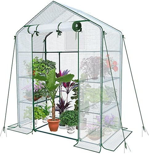 VOUNOT® Serre de Jardin PE avec Étagères 3 Niveaux Serre de Jardin pour Légumes Plantes Fleurs Bâche Renforcée 135g/m2 Protéger Vos Plantes en Toutes Saisons 143x73x195cm