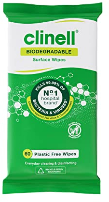 Clinell Universal Biodegradable Cleaning & Disinfectant Wipes - Pack of 60 - Plastic Free - Multi-Purpose, Kills 99.99% of Bacteria & Viruses, Green