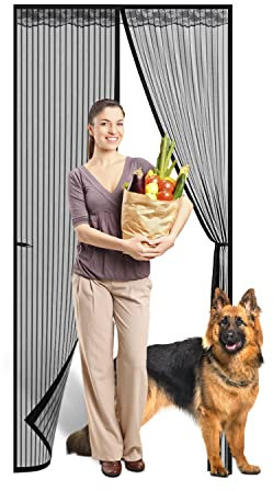 Tuare Moustiquaire magnétique pour porte avec aimants puissants et ruban adhésif magique plein cadre, facile à installer, fermeture automatique, garde les insectes, 90 x 210 cm, noir