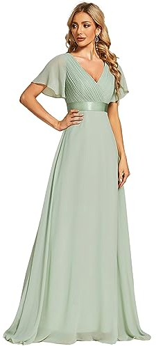Ever-Pretty Damen A-Linie Chiffon Brautjungfernkleid V Ausschnitt Chiffon Hochzeit Bodenlang Abendkleid Minzgrün 38EU