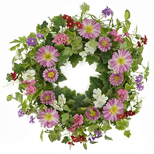 AMF0RESJ Frühlingssommer-Kranz mit Chrysantheme, Gänseblümchen, Wildblume, Eukalyptusblätter, Efeublätter für drinnen und draußen, Bauernhaus, Zuhause, Wandfest, Dekoration