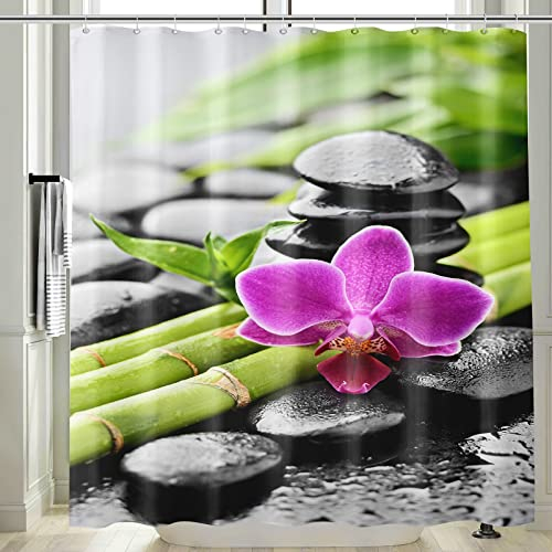 Vgzsyomqib 3D Zen Duschvorhang Antischimmel Wasserdicht für Badewanne Natur Orchidee Stoff Vorhang Shower Curtains 120 x 200 Lang Grün Bambus Schwarz Duschvorhänge Waschbar Textil mit Haken