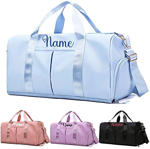 Sporttasche mit Namen Schuhfach Nassfach Personalisiert Reisetasche Handgepäck Flugzeug Groß Wasserdicht für Damen Kinder Herren, Gestickter Name Personalisierte, Blau